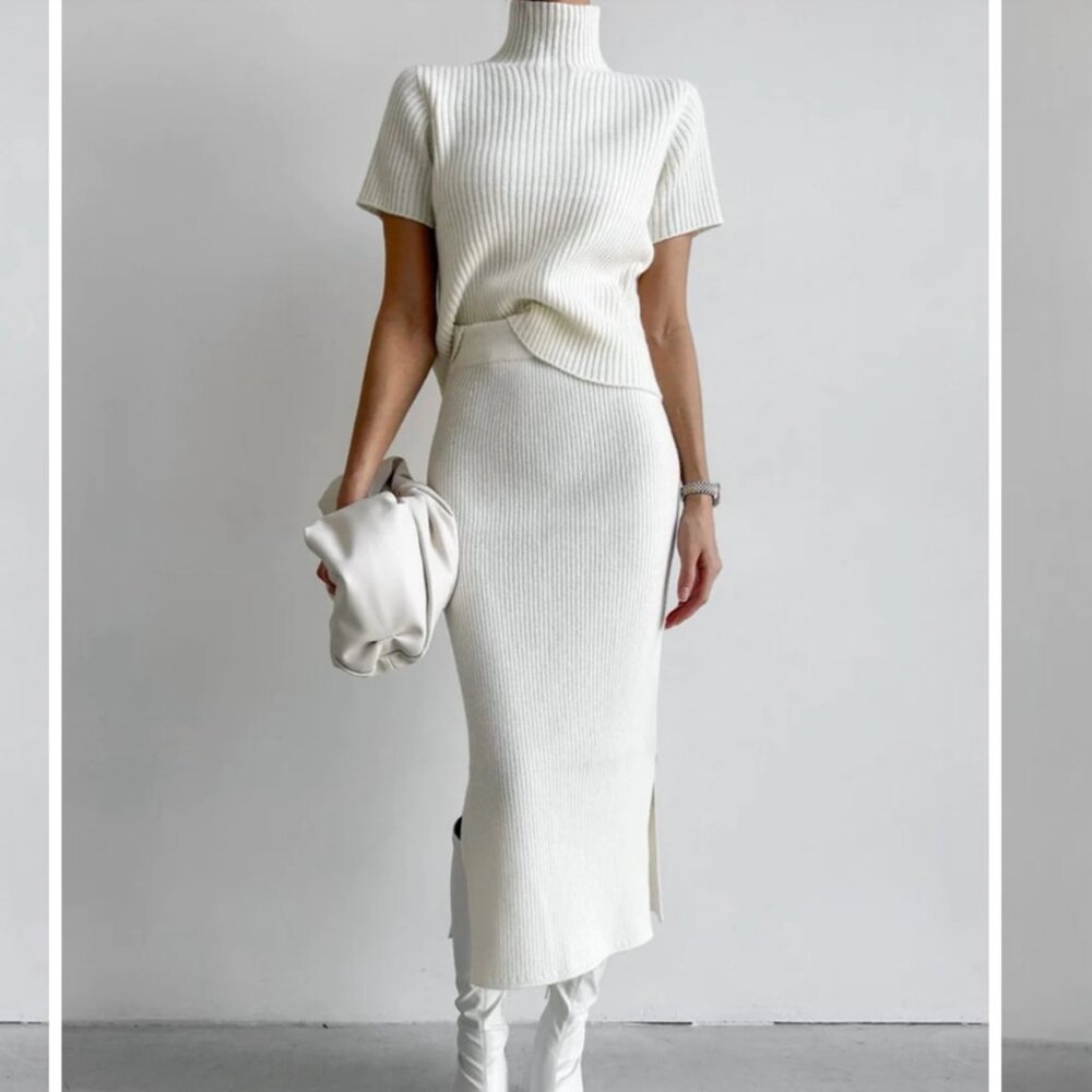 White Ribbed Mock Neck Two Piece Knit Midi Dress